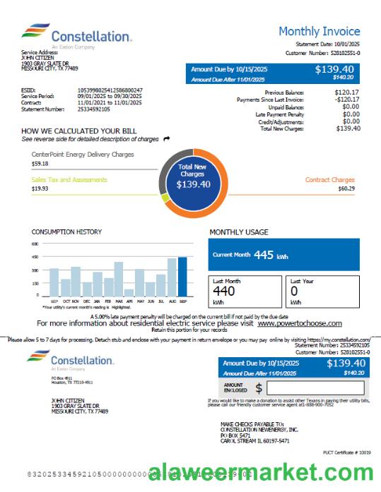 USA Constellation utility bill template in Word and PDF formats, version 2